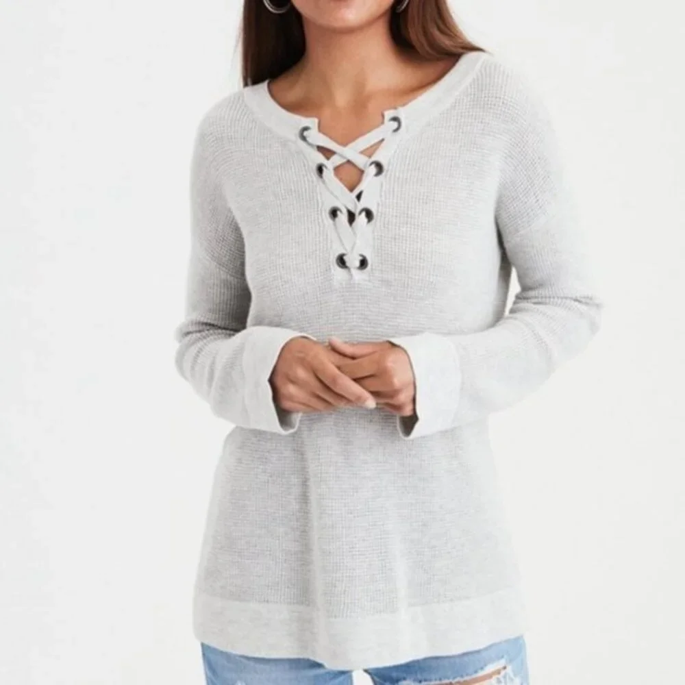 Gray Lace-Up Women's Top